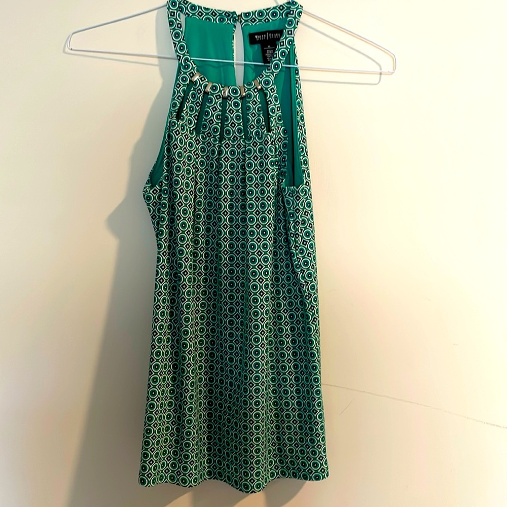 White House Black Market XS green geometric halter top with silver detail @ neck